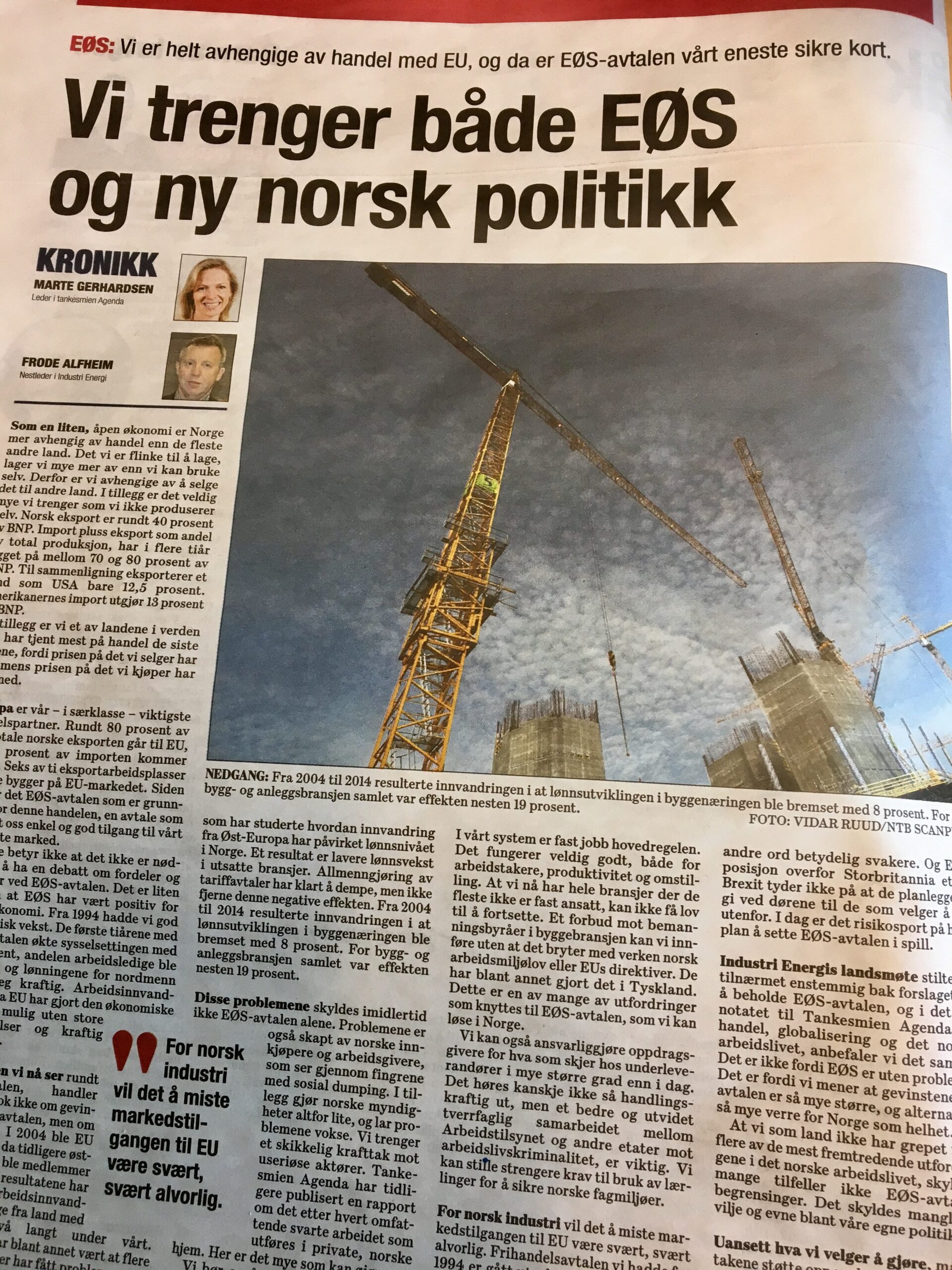 Forbundsleder Frode Alfheim i Industri Energi og Marte Gerhardsen, leder i tankesmien Agenda, er enige om at Norge trenger EØS-avtalen.