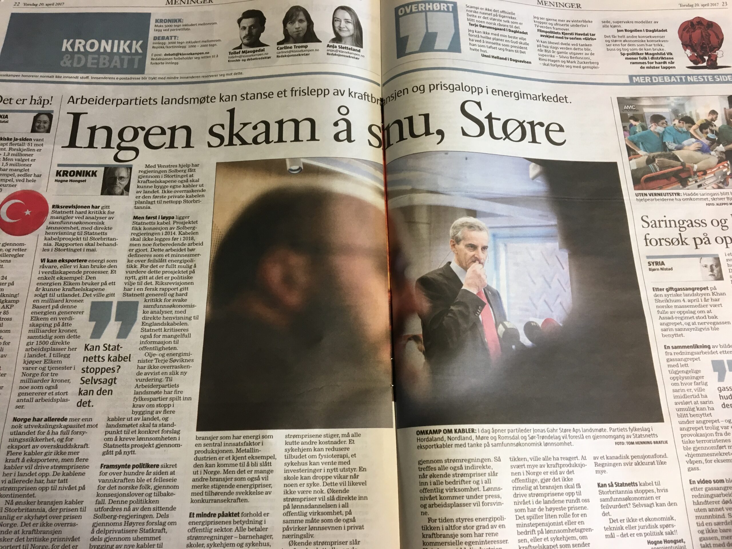 Hogne Hongset ber Arbeiderpartiet stanse byggingen av flere strømkabler til utlandet.